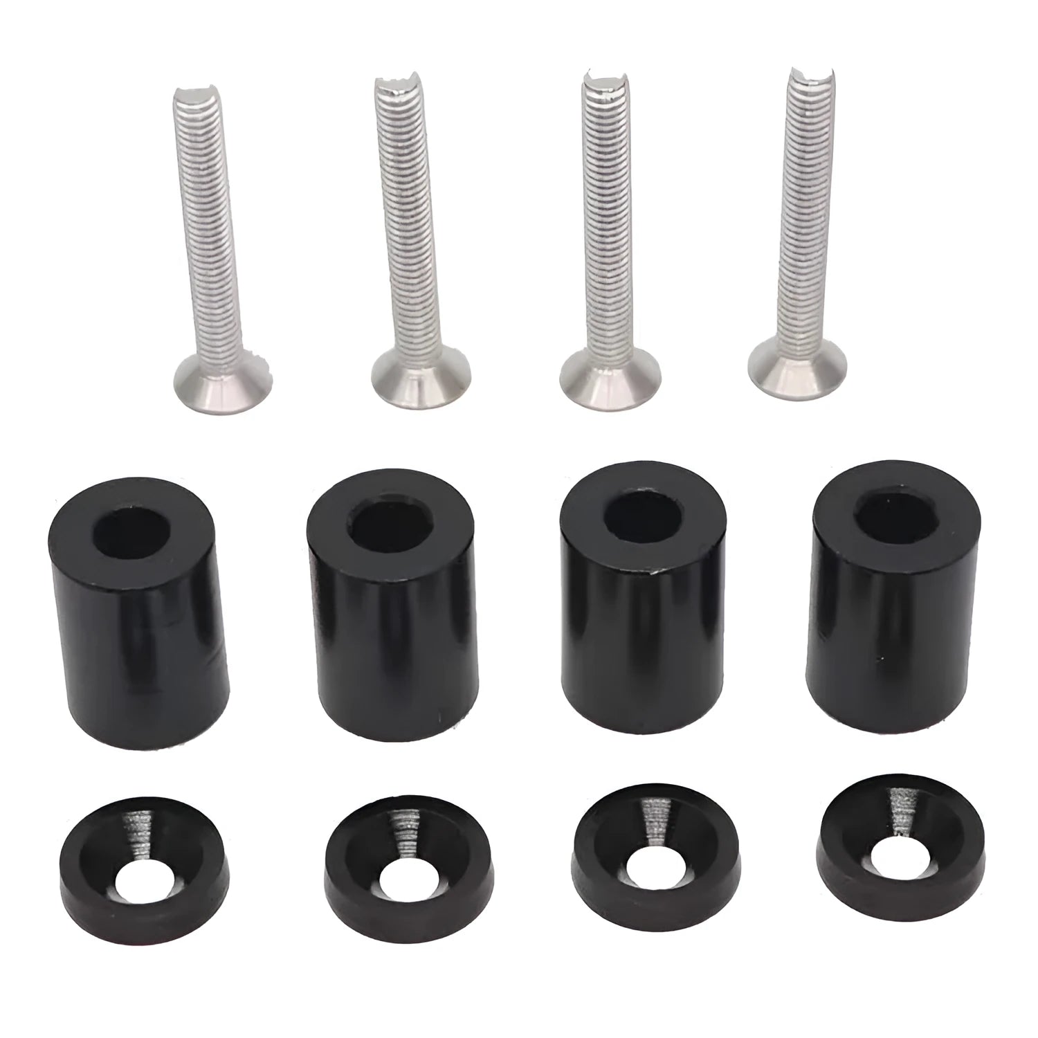 Aluminium engine cover spacers in black, blue, and red colours with installation hardware