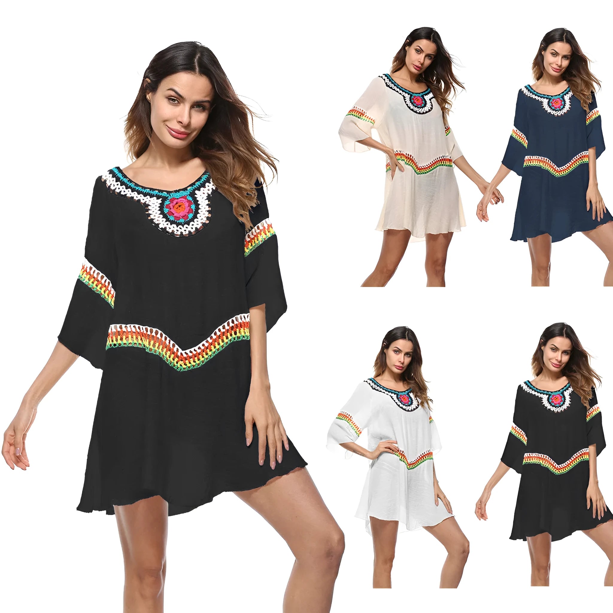 Women's crocheted ethnic style sun protection clothing in apricot, black, sapphire blue, and white for beach swimming