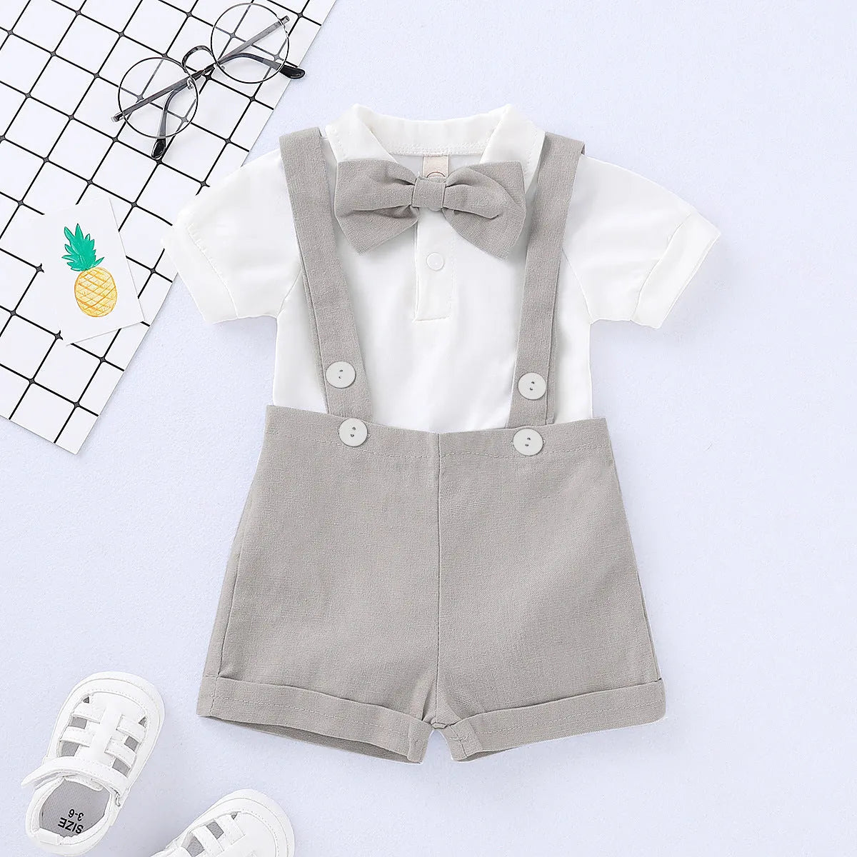 Baby romper bow tie overall dress set in cotton with shirt and shorts overalls, three-piece neutral outfit