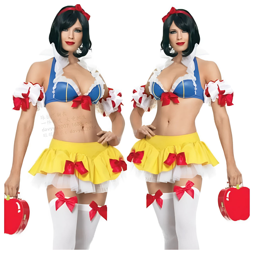 Snow White anime cosplay dress costume set with headdress, top, skirt, and sleeves