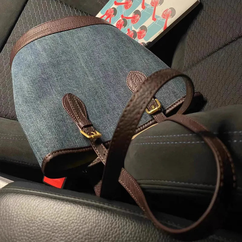 Denim patchwork retro bucket handbag with one shoulder strap