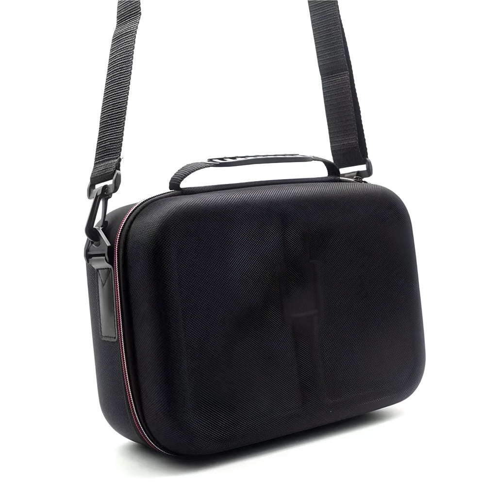 Black EVA game console accessory storage bag showing dimensions and 5kg weight capacity