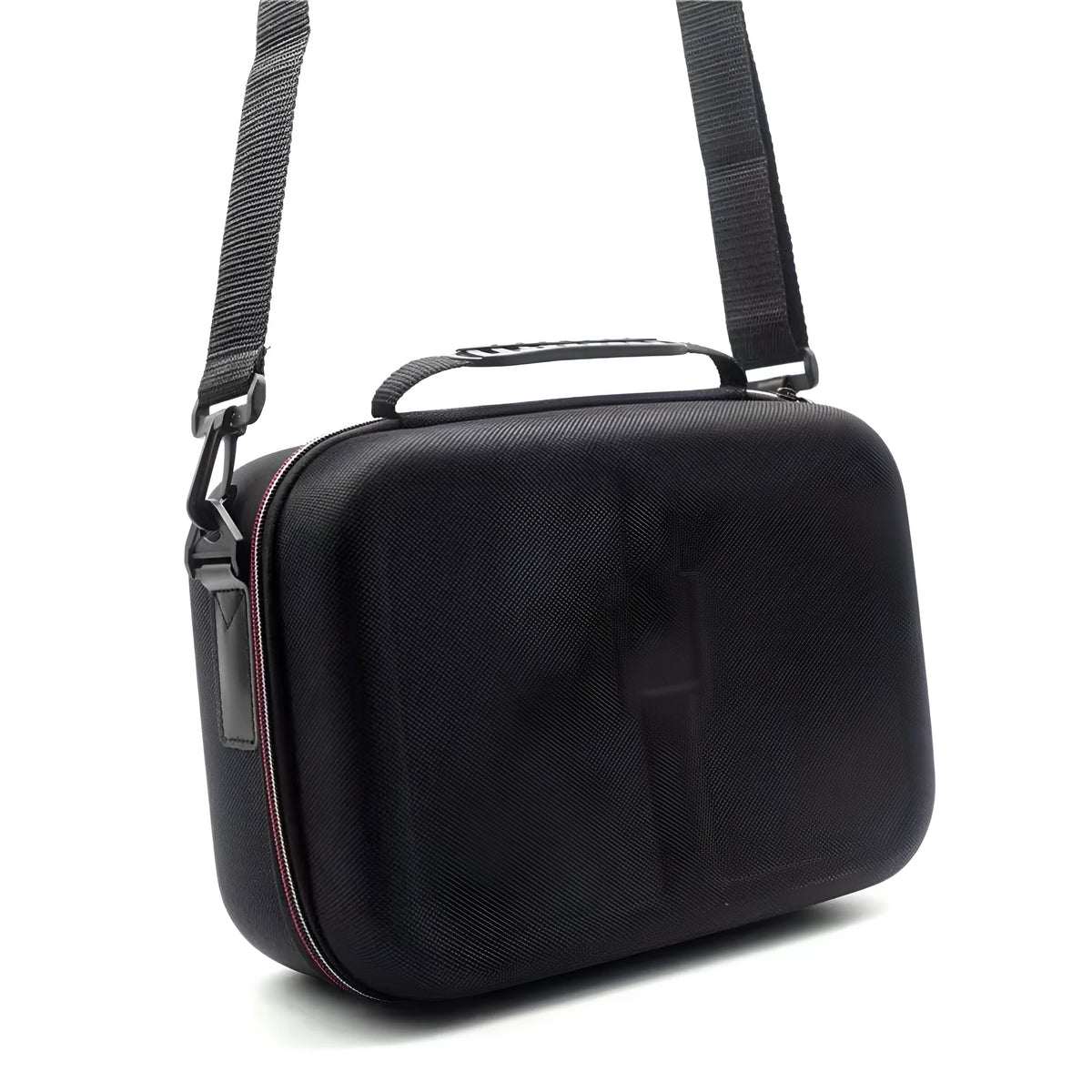 Black EVA game console accessory storage bag showing dimensions and 5kg weight capacity