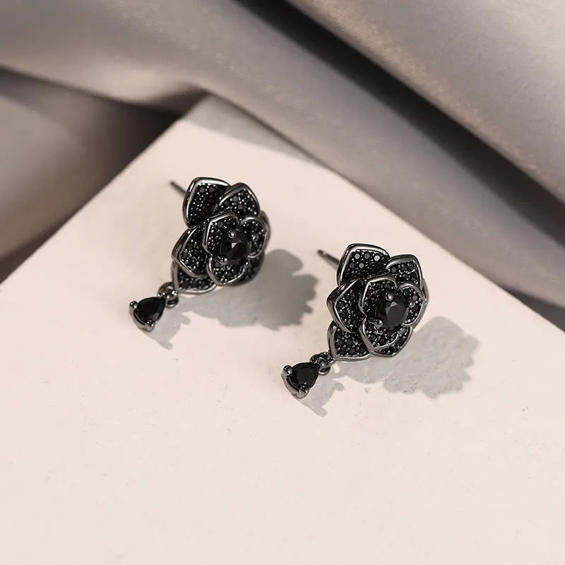 Black rose colour zircon stone floral stud earrings with 18K gold electroplated finish