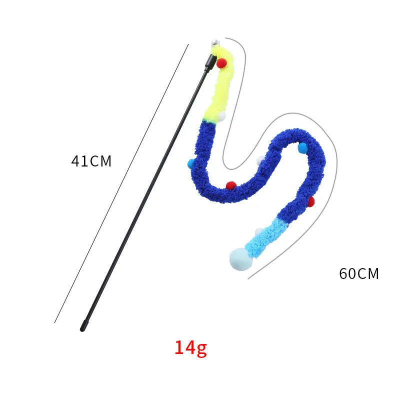 Cat wand toy with colourful plush strip, fluffy ball, and bells on a 41cm pole
