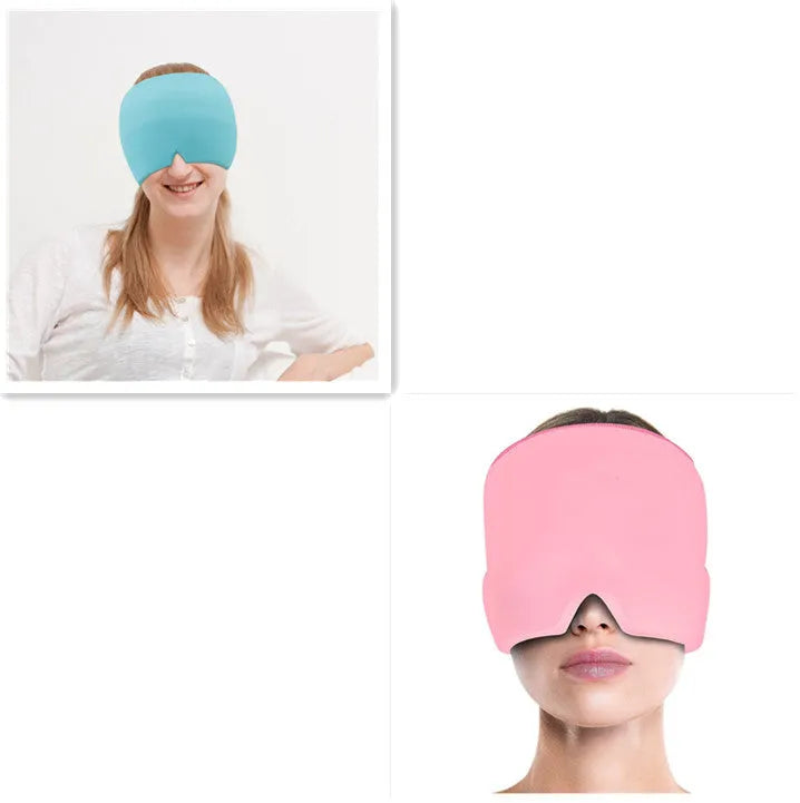 Black elastic cloth gel eye mask for headache relief showing adjustable design