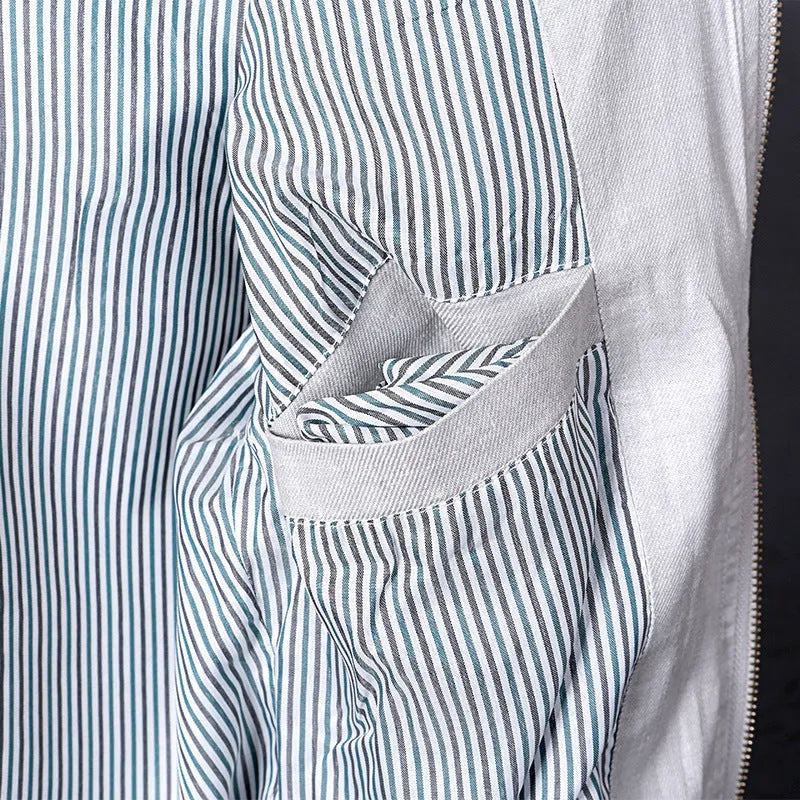 Men's blue cotton linen jacket on a hanger, showing regular fit and button front.