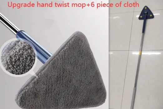 Blue triangle cleaning mop with rotating head and extendable stainless steel pole