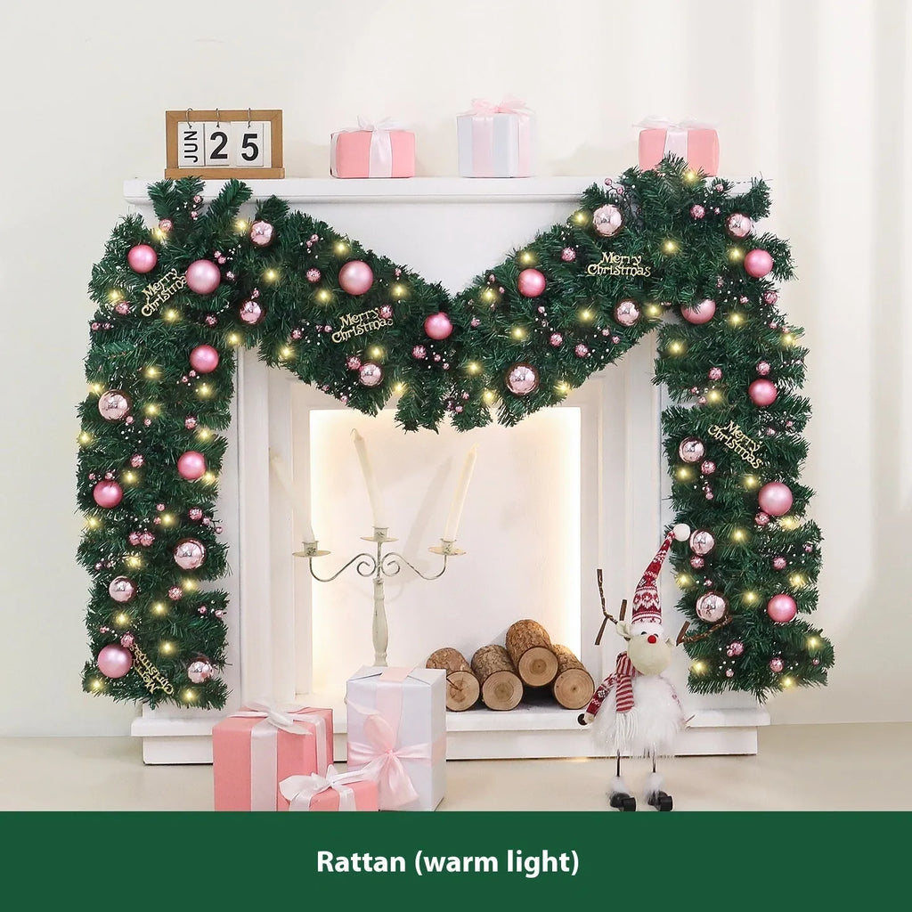 2.7 metre pink rattan Christmas vine decoration with 240 decorative heads on wrought iron wire