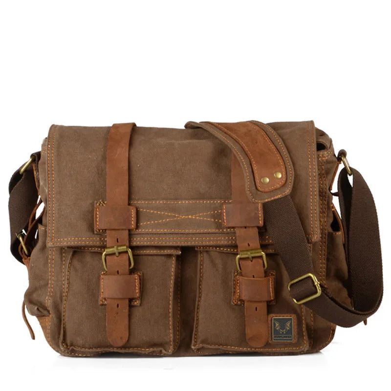 Men's 38cm wide canvas crossbody bag with cowhide trim in retro postman style