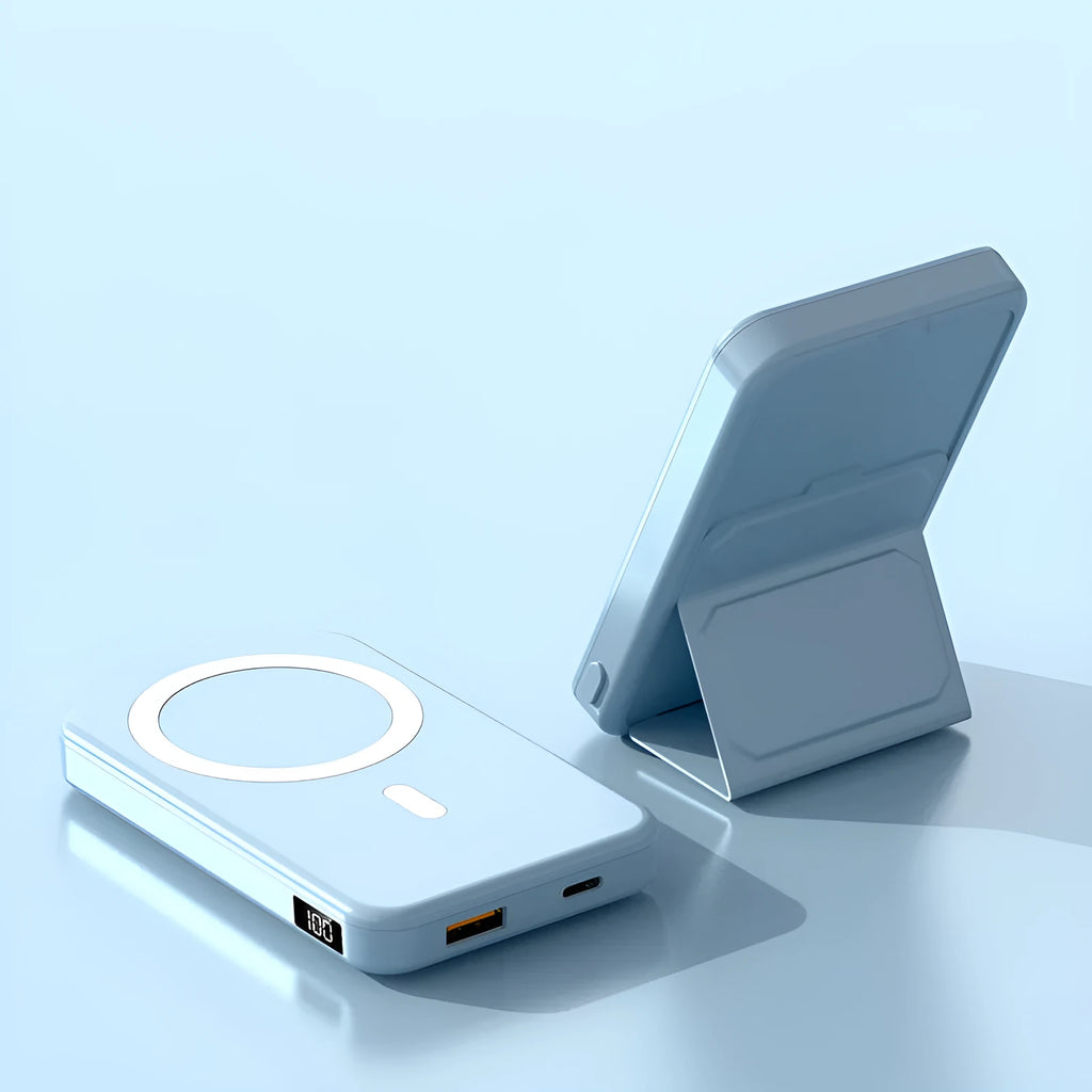 Magnetic wireless charging power bank with folding bracket in various colour options showing dimensions