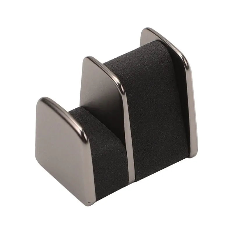 Car dashboard glasses holder in zinc alloy with leather trim, measuring 3.7x3.2x2.5cm