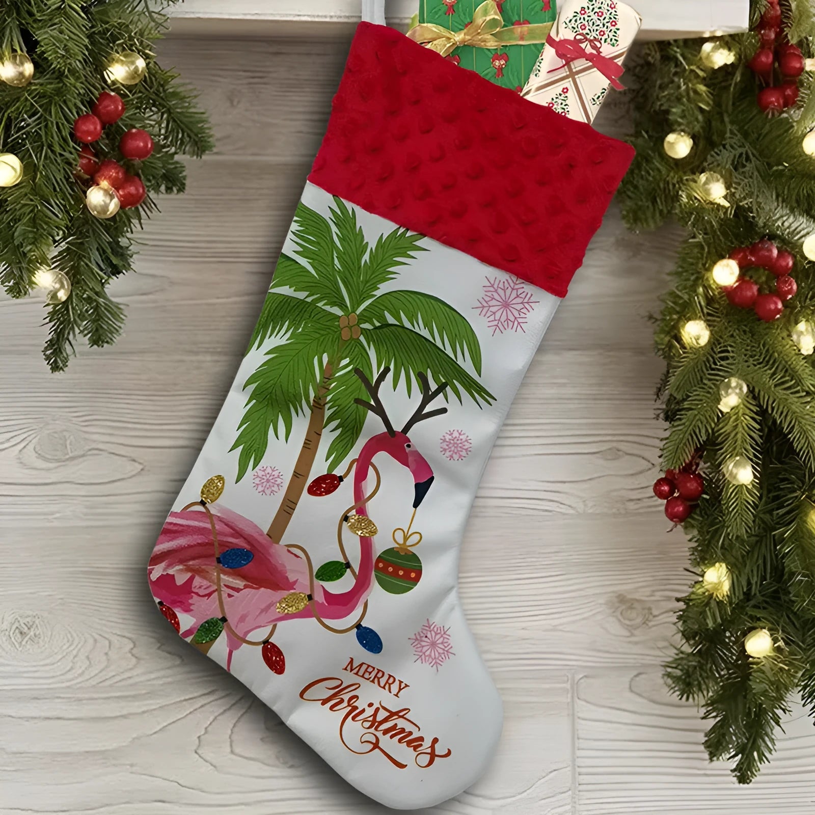 Flamingo Christmas stocking decoration measuring 46 by 28 centimetres in cloth material