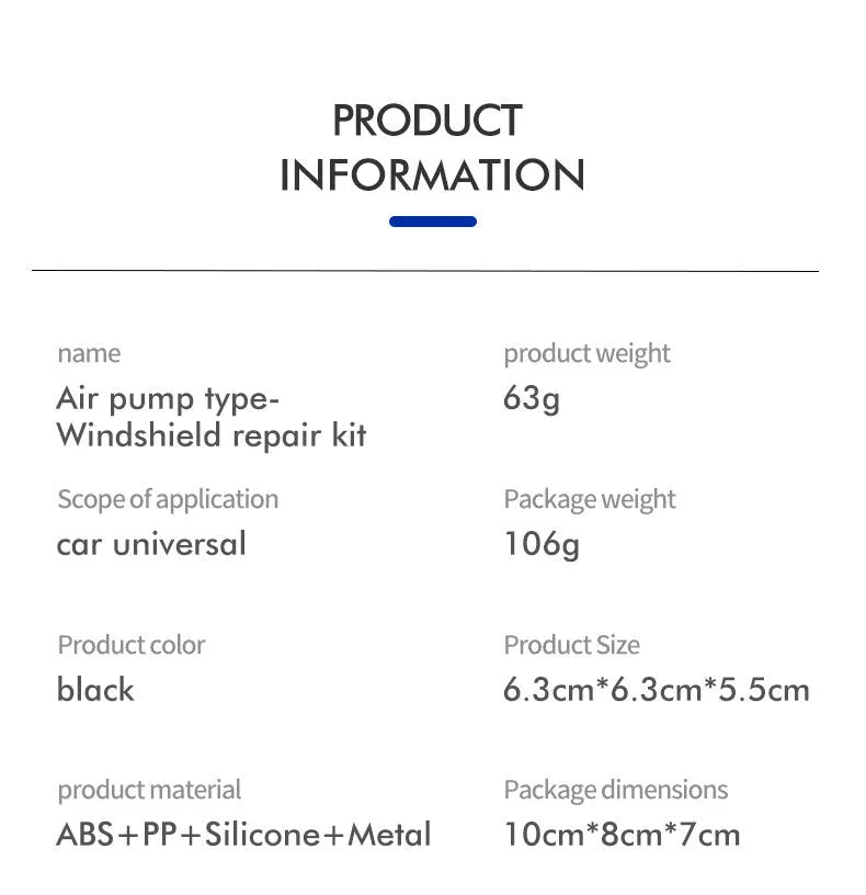 Plastic car windshield crack repair tool for point fixing stone chips