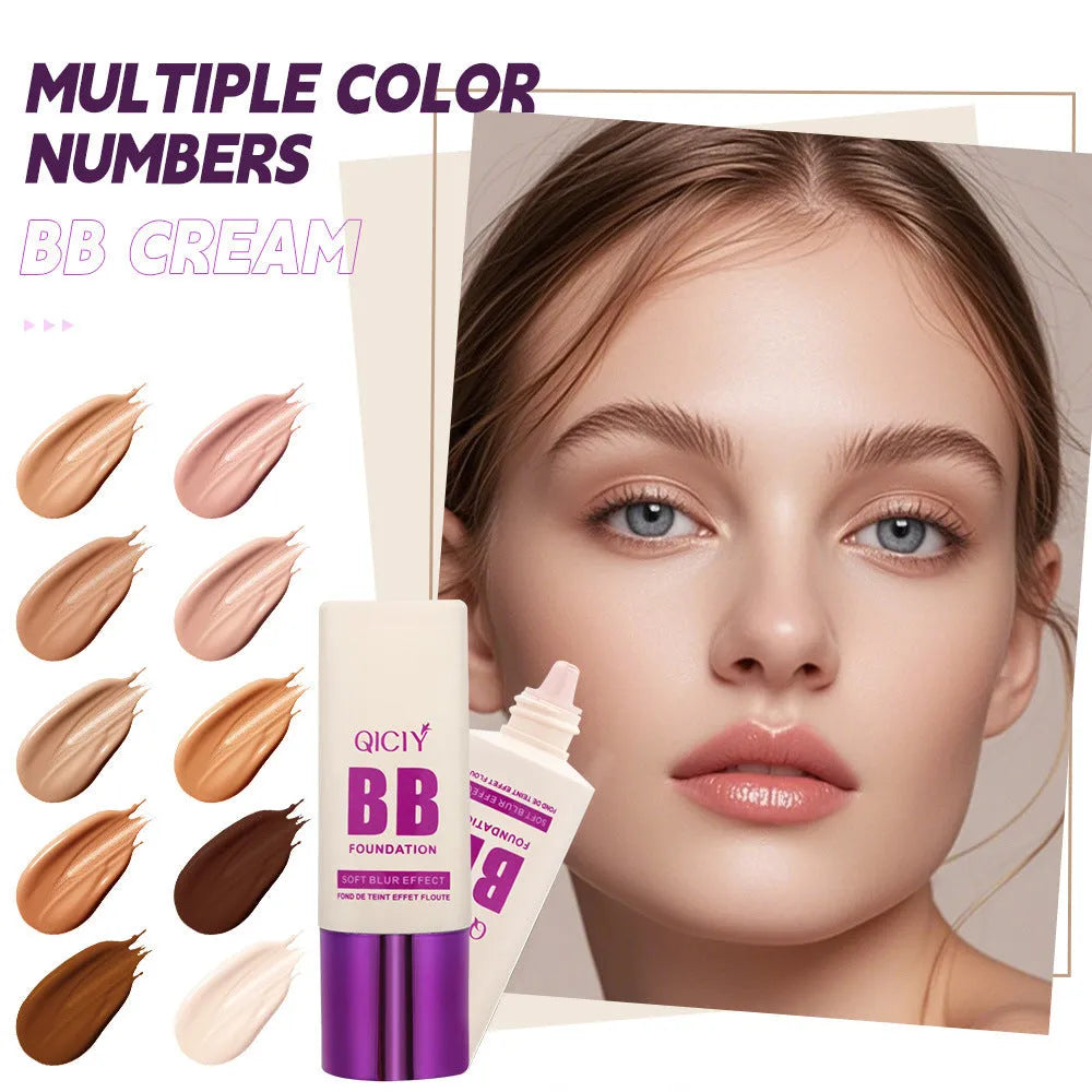 Squeezable plastic bottle of brightening BB cream liquid foundation in one of ten available shades.