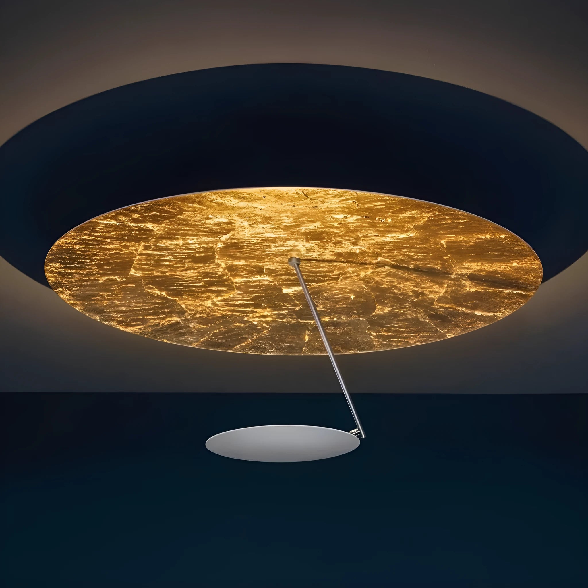 Modern iron ceiling lamp in white gold finish, 50cm diameter, with warm LED light.