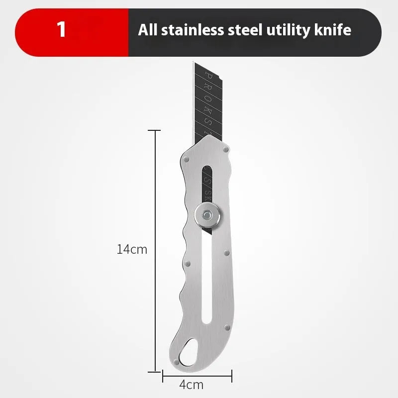 Stainless steel folding art knife with black blade and included long and trapezoidal blades