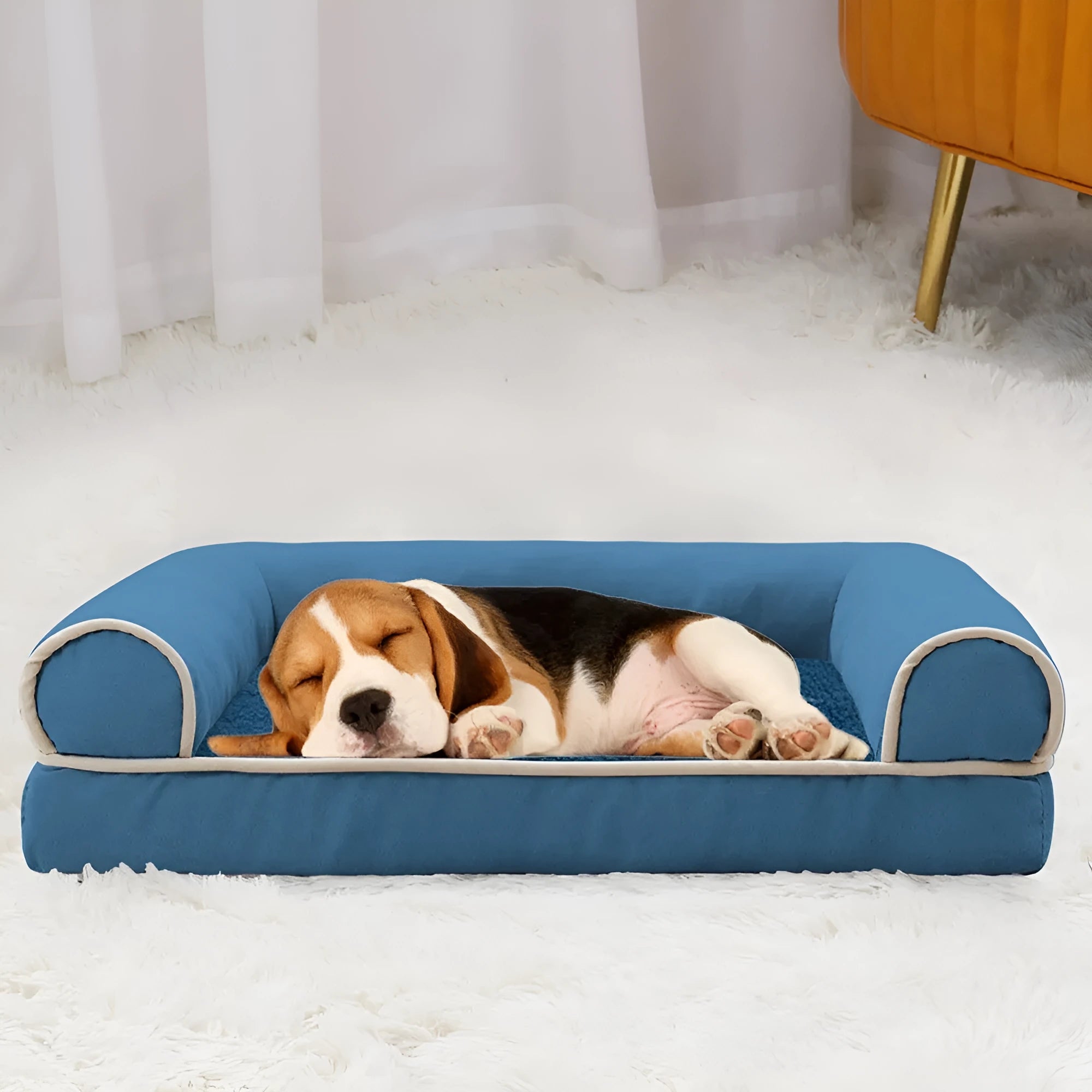 Square cloth pet bed for dogs in dark gray, available in sizes S to 2XL with breathable fabric.
