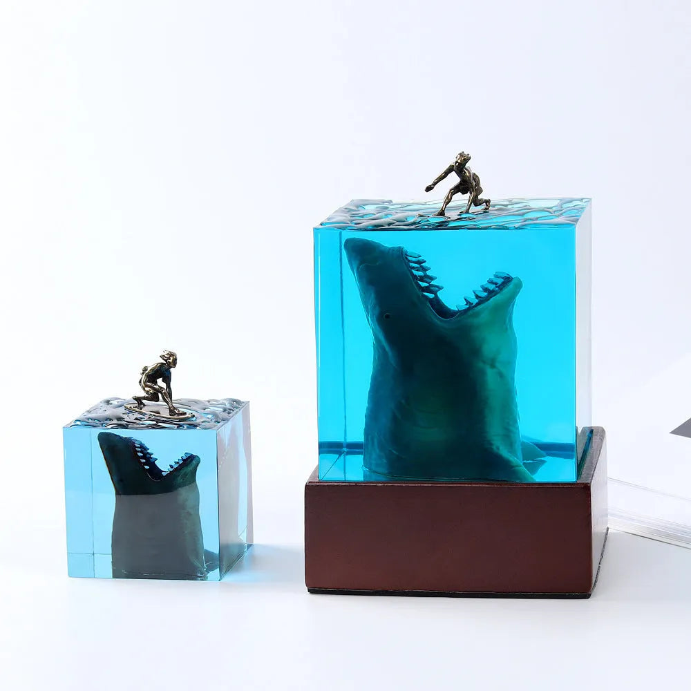 Crystal clear epoxy resin shark surfing night light ornament in modern minimalist style