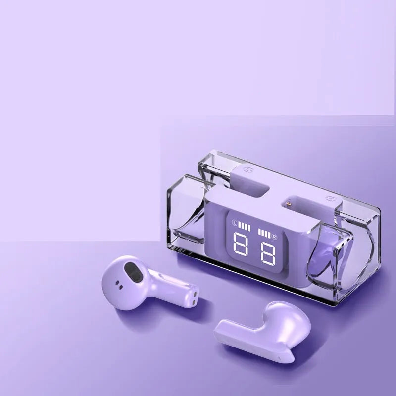 E90 wireless sports earbuds in charging case showing black, green, purple, and white colour options.