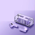 E90 wireless sports earbuds in charging case showing black, green, purple, and white colour options.