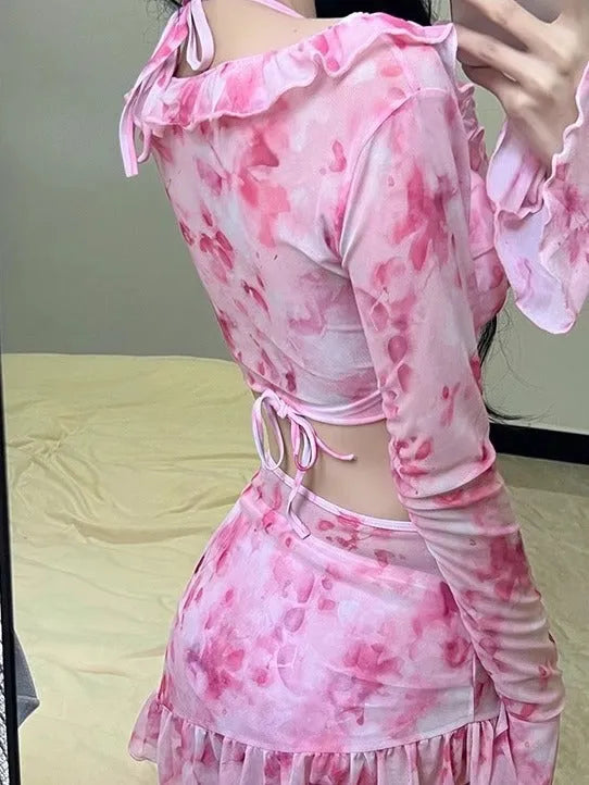 Women's floral cherry blossom pink swimsuit bikini with polyester fabric