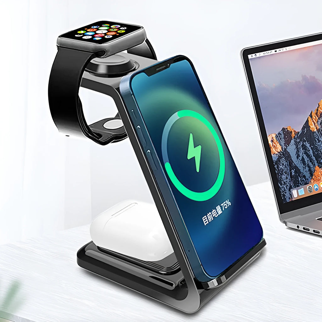 Black and white 3-in-1 upright wireless charging phone holder with Type-C cable