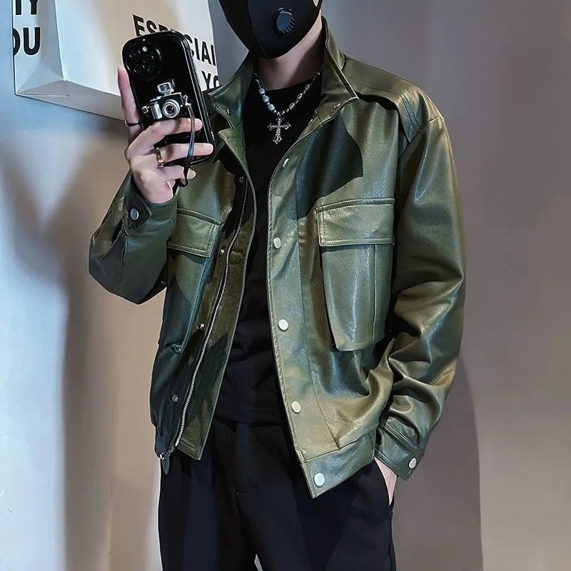 Men's black PU leather Korean-style pilot jacket with a regular fit and straight hem.