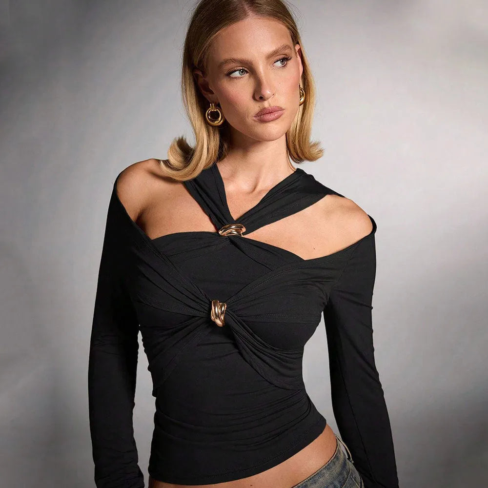 Black women's halter top with shoulder-baring design and slim fit silhouette in polyester fabric
