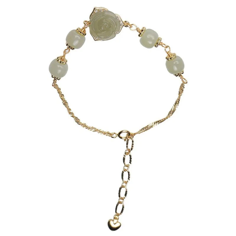 Women's bracelet with Hetian jade rose flower pendant on gold chain