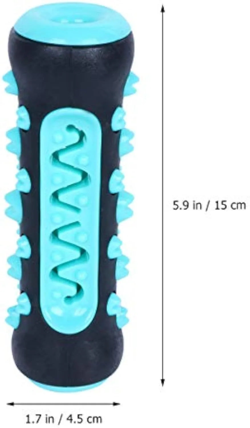 Natural rubber dog dental chew toy in blue, shaped like a toothbrush with cleaning ridges.