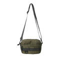 Men's street style nylon messenger crossbody bag in black showing 22cm length and sewing thread detailing