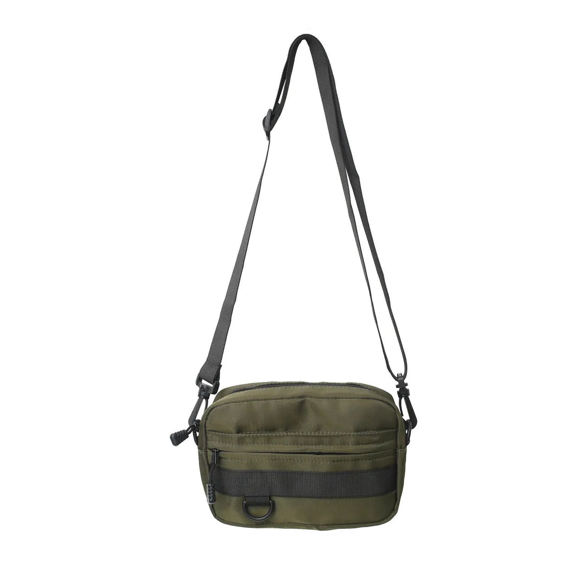 Men's street style nylon messenger crossbody bag in black showing 22cm length and sewing thread detailing