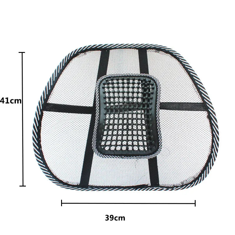 Black car lumbar support pillow with leather exterior and steel wire frame for adjustable back support