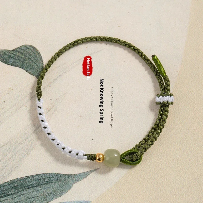 Hetian jade bracelet with sterling silver carrying strap on cord band in national fashion style