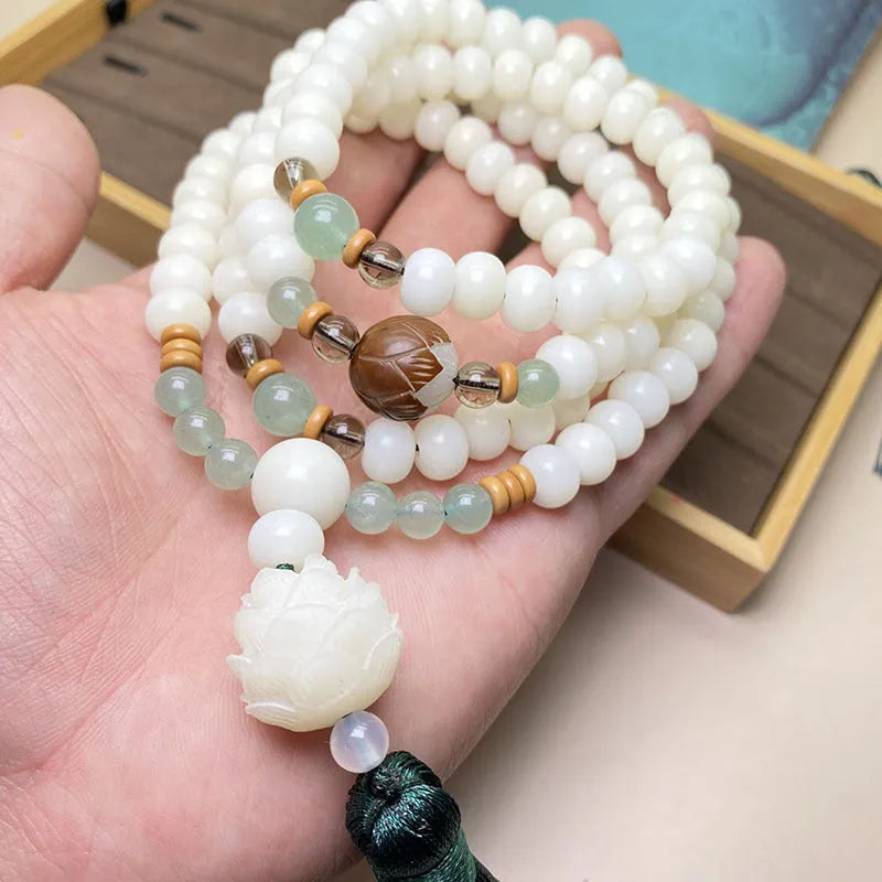White jade bodhi bracelet with 108 beads showing three style pattern options and multiple bead sizes