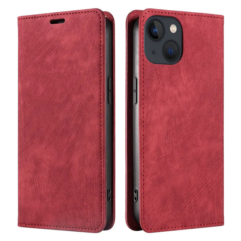Genuine leather magnetic flip phone case in multiple colours for iPhone models.