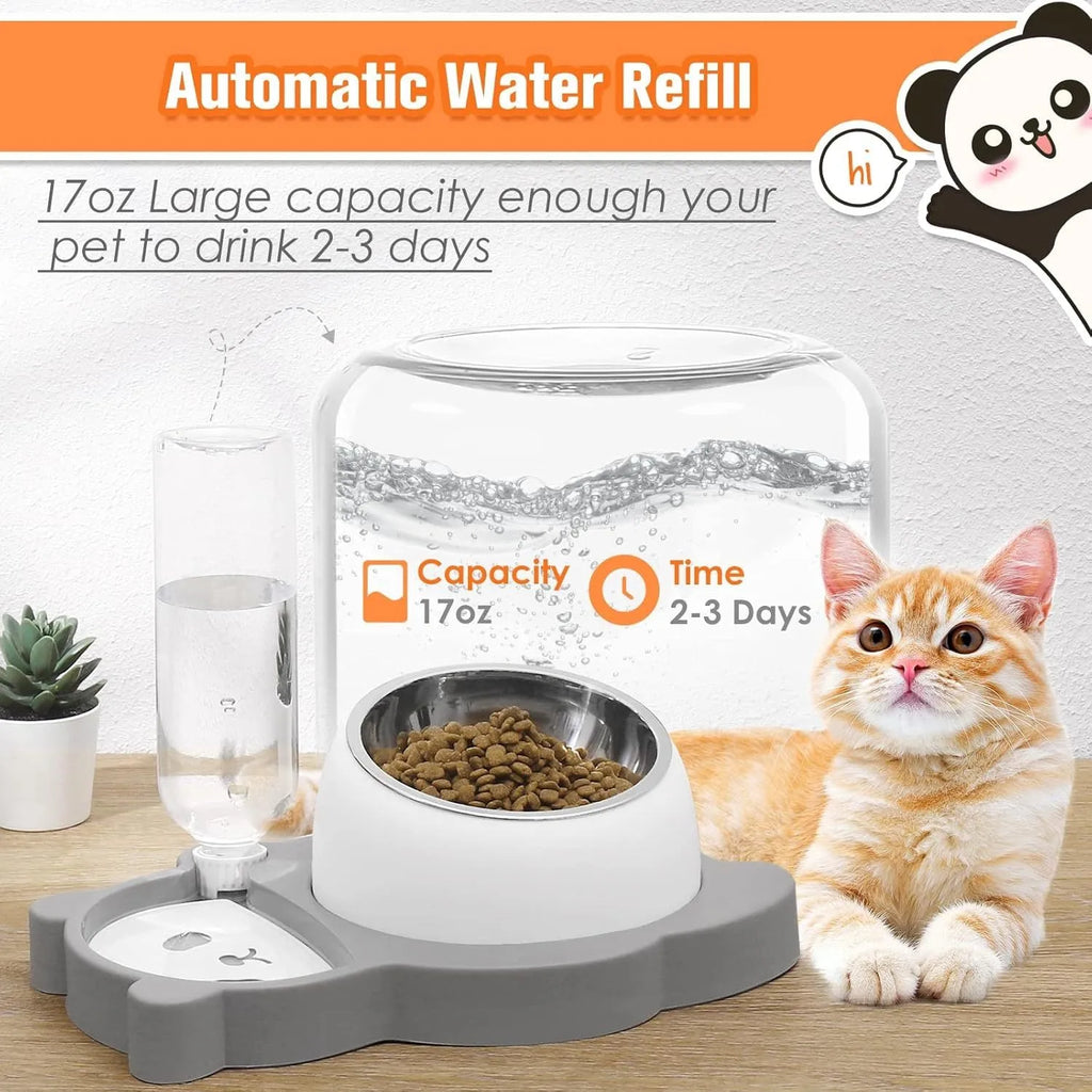 Grey panda-shaped automatic pet water dispenser with tilted stainless steel feeding bowls for cats and small dogs.