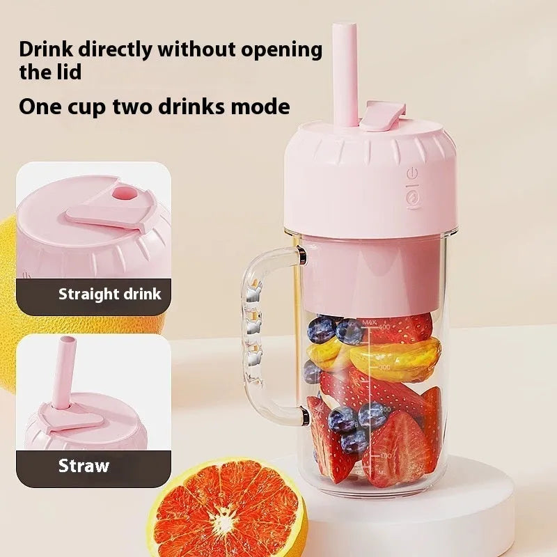 Portable USB-powered juicer in avocado green or cherry blossom pink with choice of blade styles