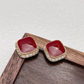 Red square geometric alloy earrings with retro design and stud backing