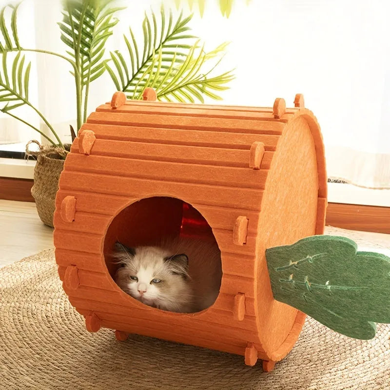 Carrot-shaped grey felt cat tunnel nest with circular entrance holes, shown in medium and large sizes.