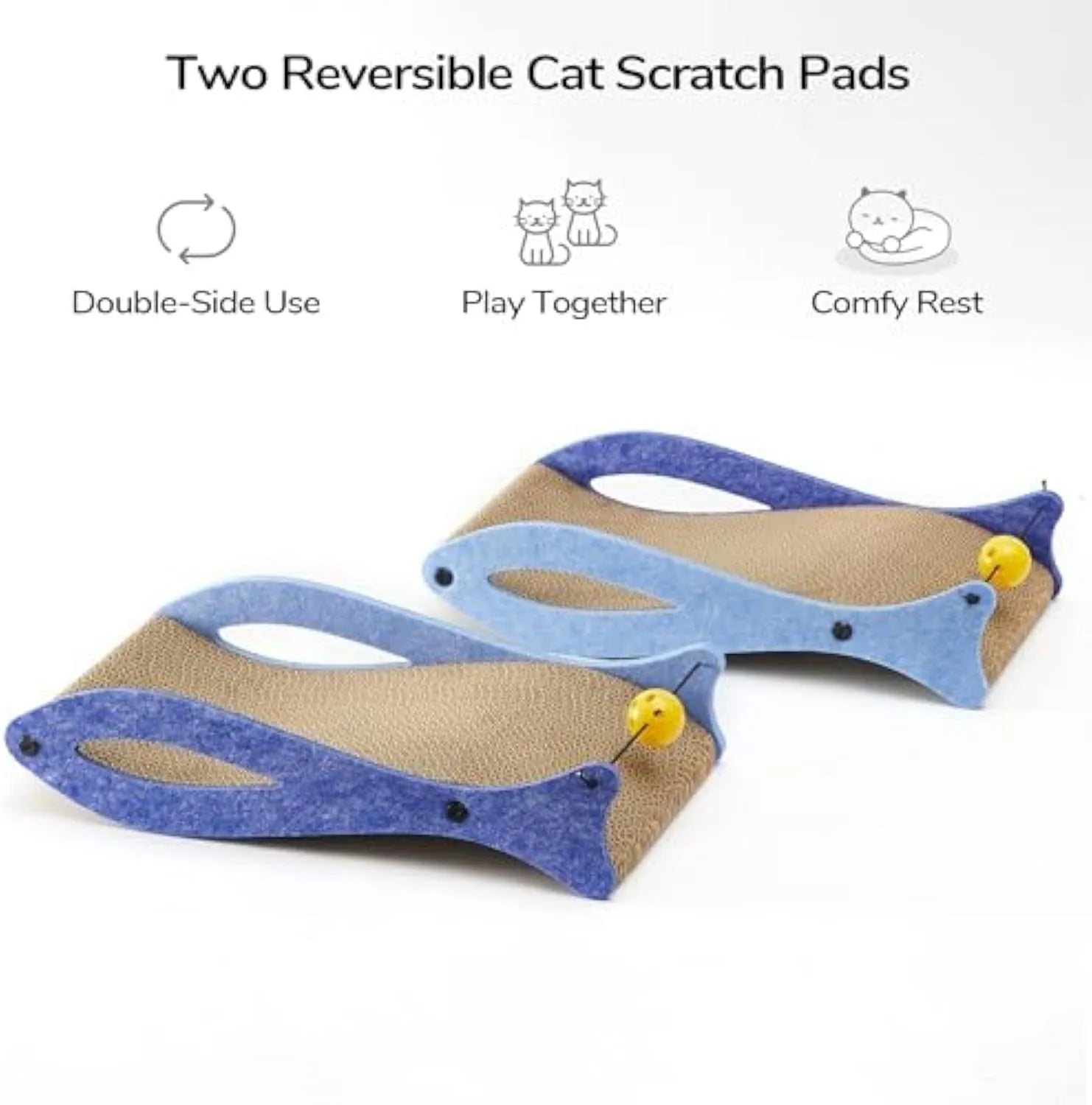 Blue fish-shaped cat scratcher pad with corrugated cardboard surface and integrated bell ball toy