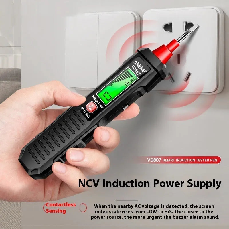 Black digital voltage detector pen with LCD display showing voltage reading