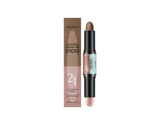 Makeup highlighter contour stick with dual-ended design showing three colour options