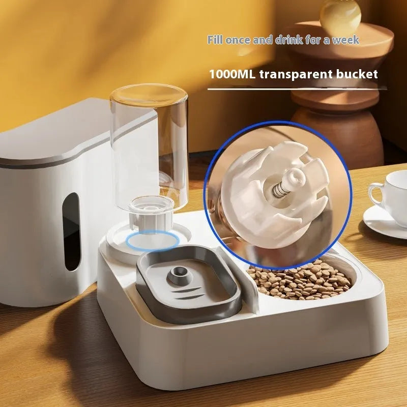 Automatic cat feeder and water dispenser with integrated double bowl in grey, green or yellow colours