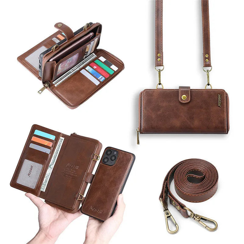 Black leather-style flip phone case with a detachable card wallet attached via strong adsorption.