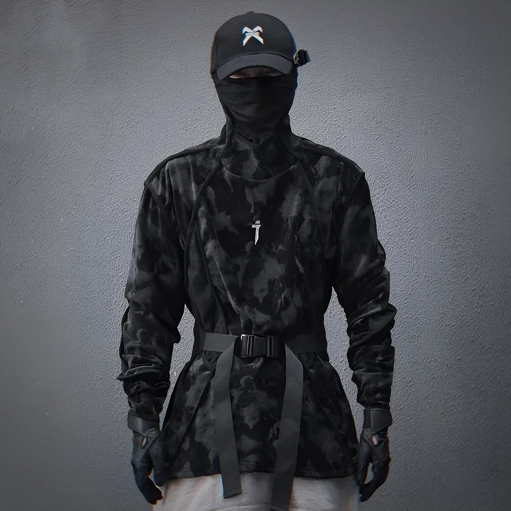 Men's black tie dye printed sweater with a finger turtleneck collar and loose drop-shoulder sleeves.