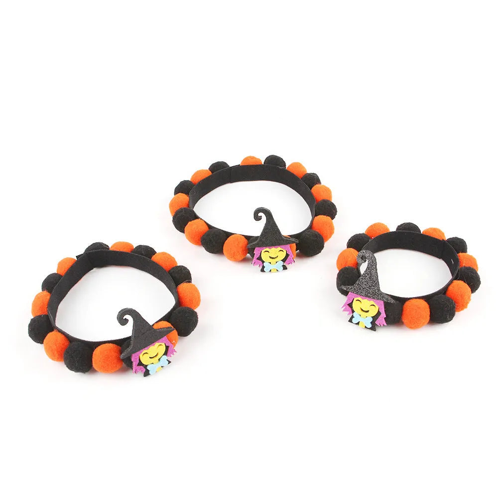 Halloween pet collar with fur ball decorations in various Halloween designs for dogs and cats