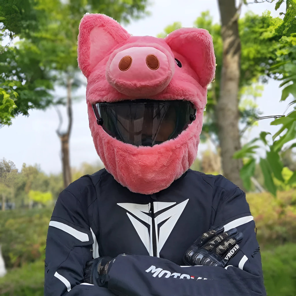 Pink pig cartoon plush hood for motorcycle helmet protection with matching storage sleeve
