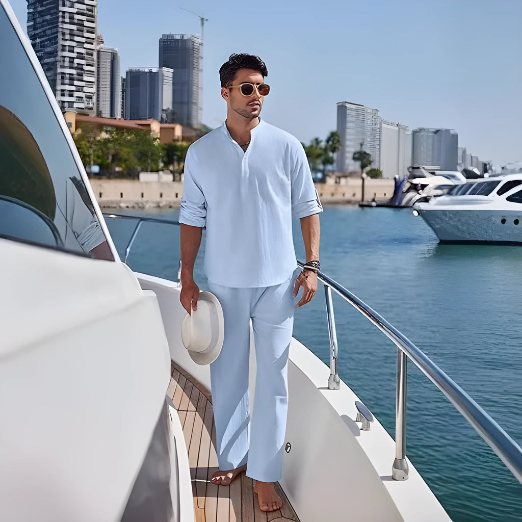 Men's solid colour casual cotton suit with long sleeves and trousers for spring and autumn leisure wear.